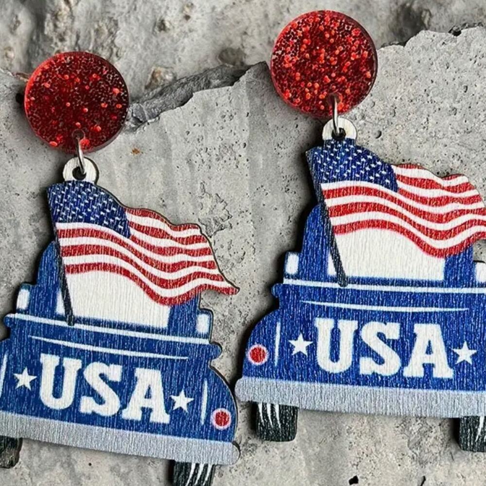 The‎ Press USA Flag Car Shape Wood Dangle Earrings